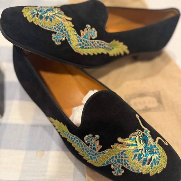 Gucci Men\'s Suede Black Loafer with Blue and Gold Embroidered Dragon main image 9